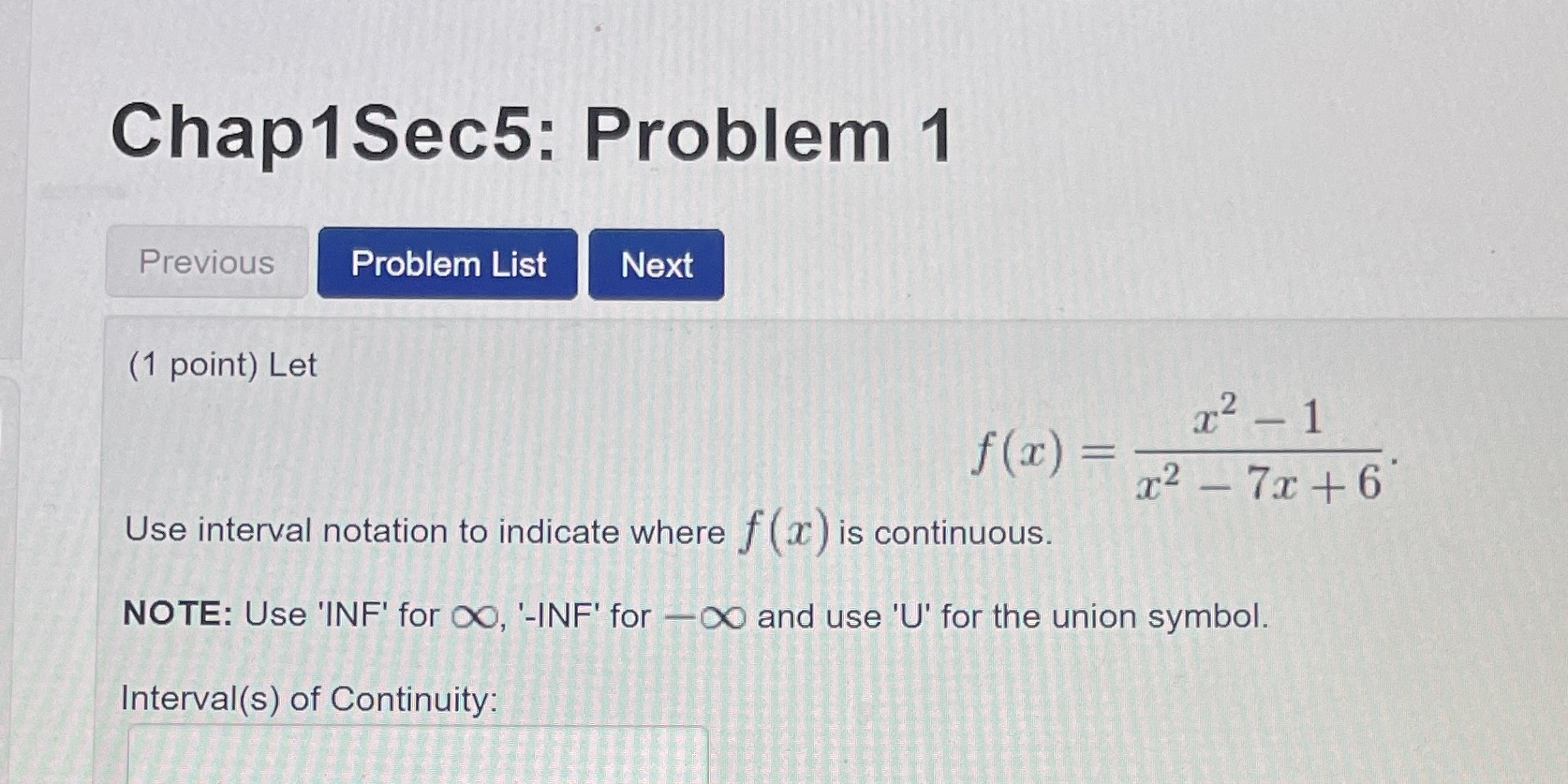 Chap1Sec5: Problem 1 Previous Problem List Next (1 point) Let x2