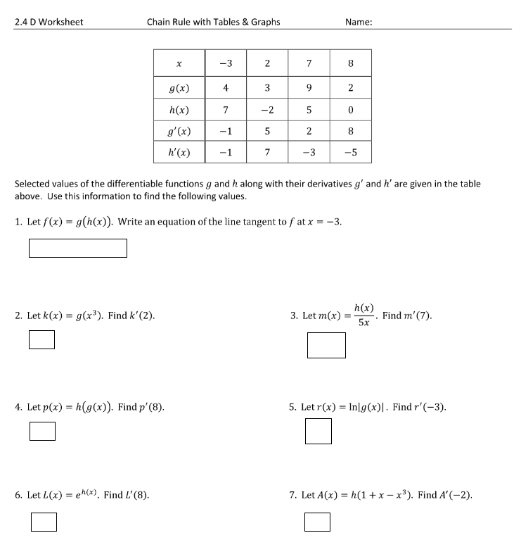 differentiable functions g and h along with their derivatives g' and h'