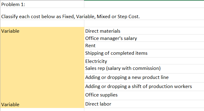 Problem 1: Classify each cost below as Fixed, Variable, Mixed or Step
