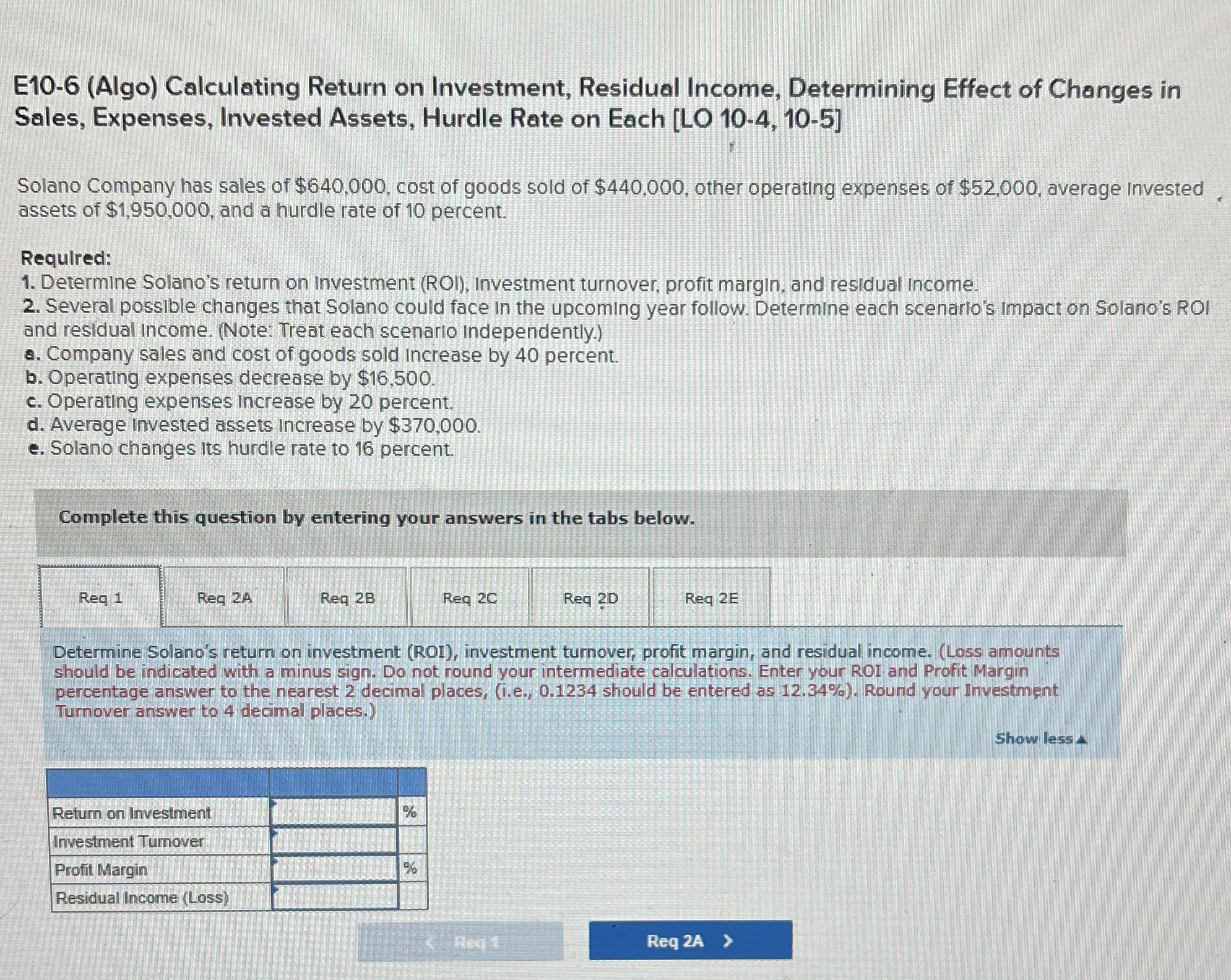 E10-6(Algo) Calculating Return on Investment, Residual Income, Determining Effect of Changes