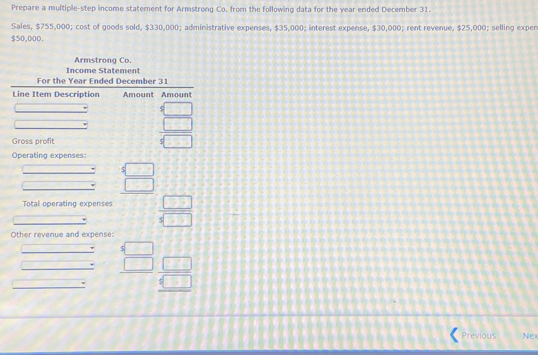 Prepare a multiple-step income statement for Armstrong Co. from the following
