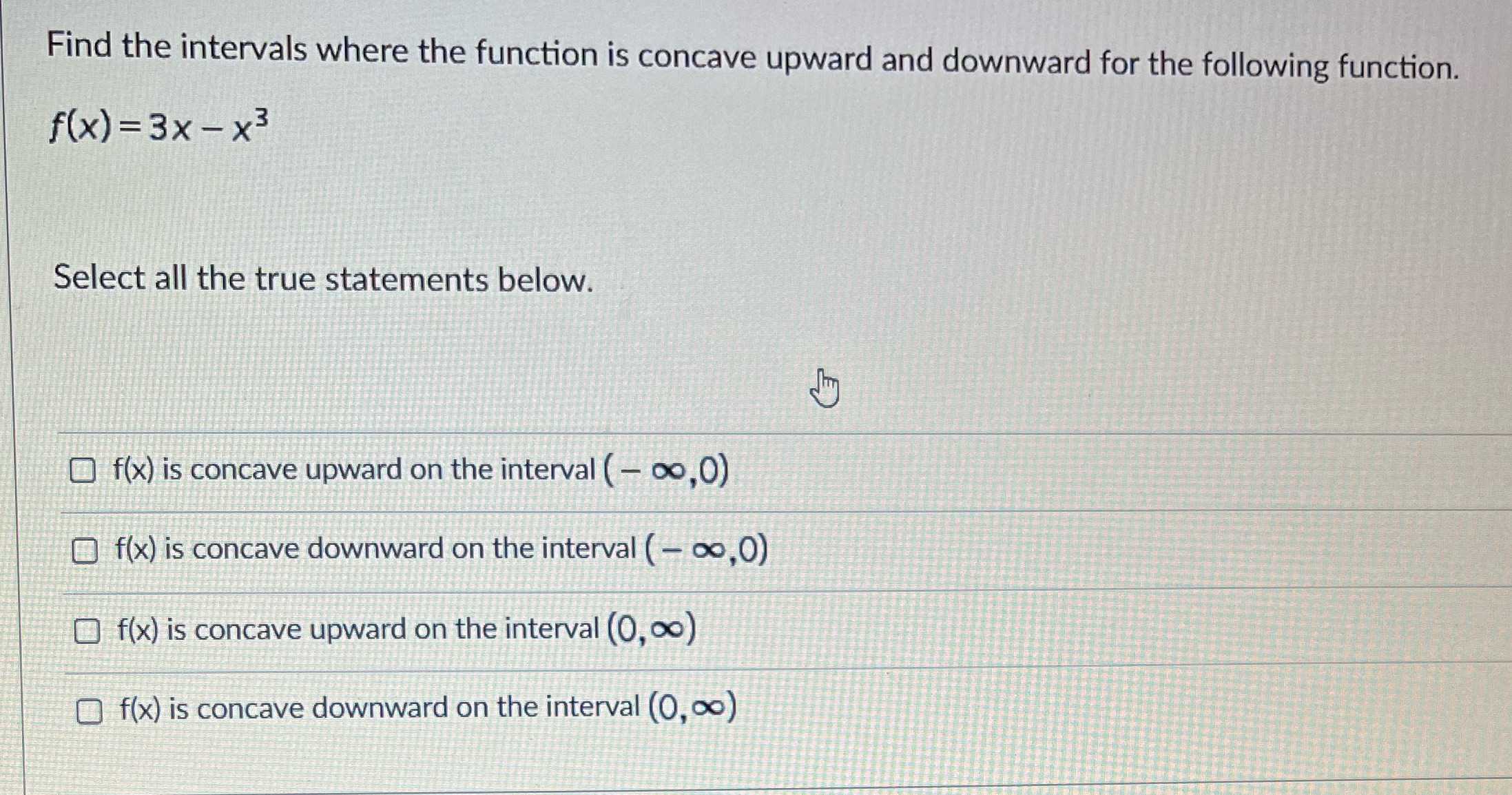 for the following function. f(x) =3x -x3 Select all the true statements