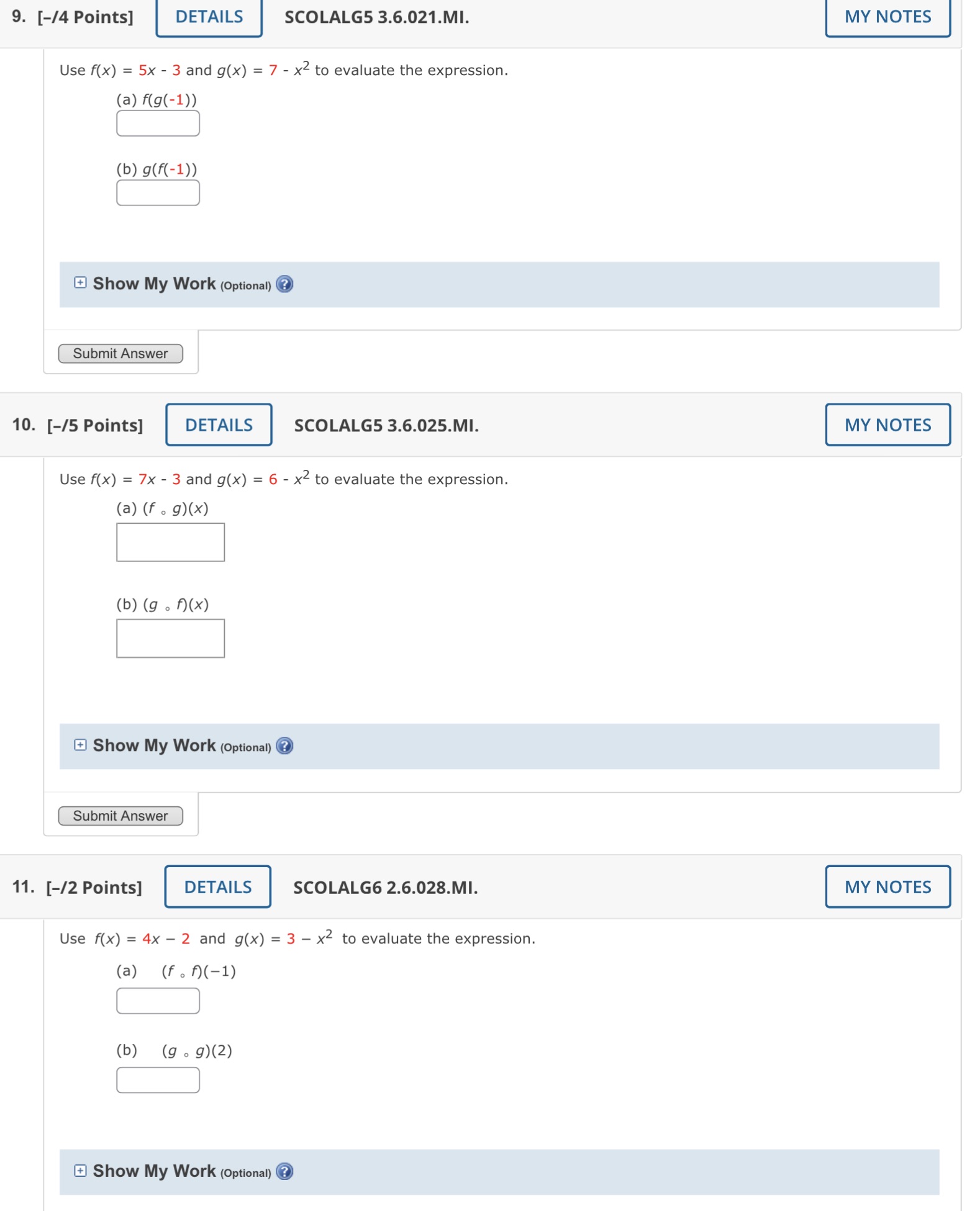 5x - 3 and g(x) = 7 - x2 to evaluate the
