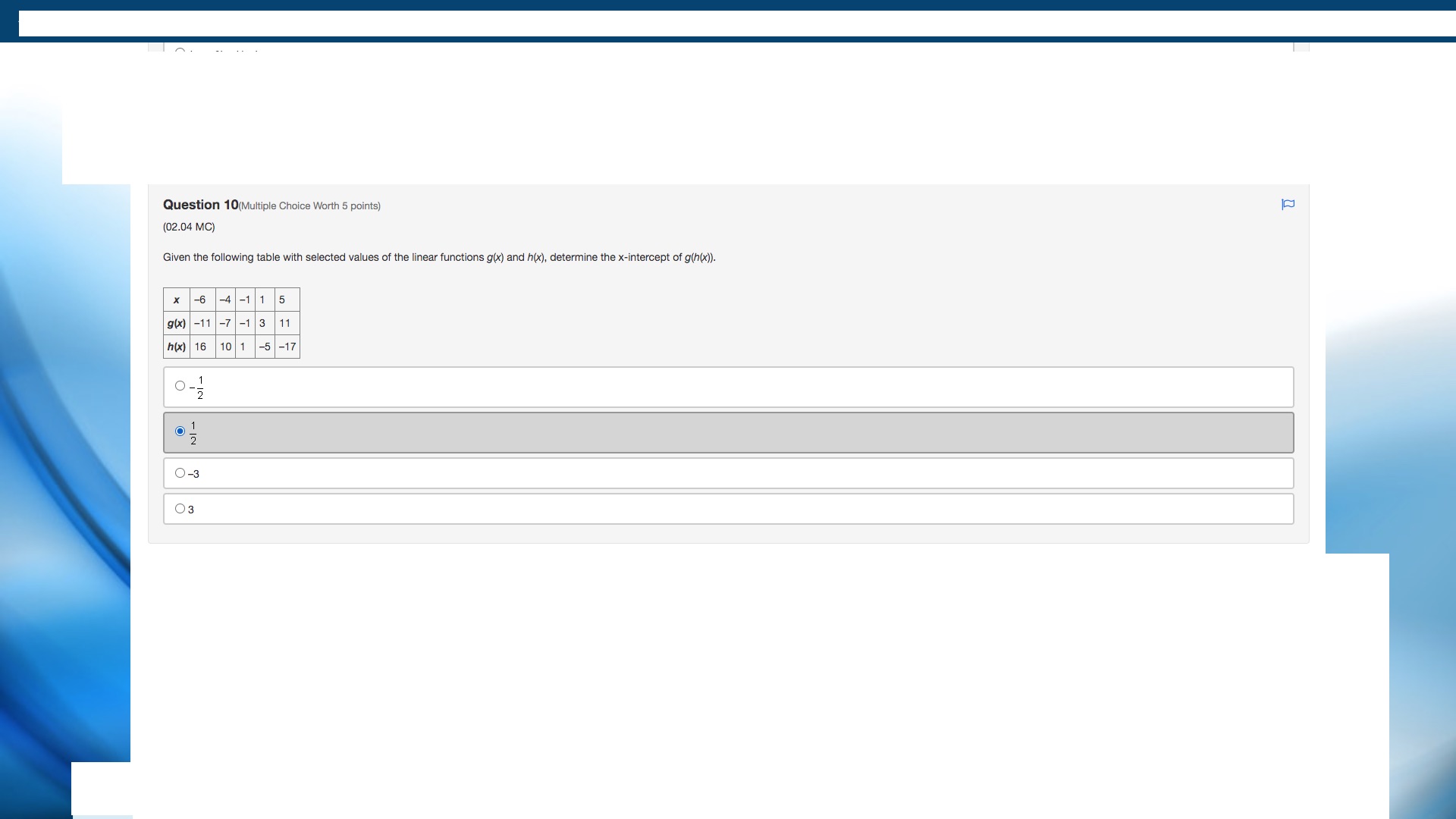 table with selected values of the linear functions g(x) and h(x), determine
