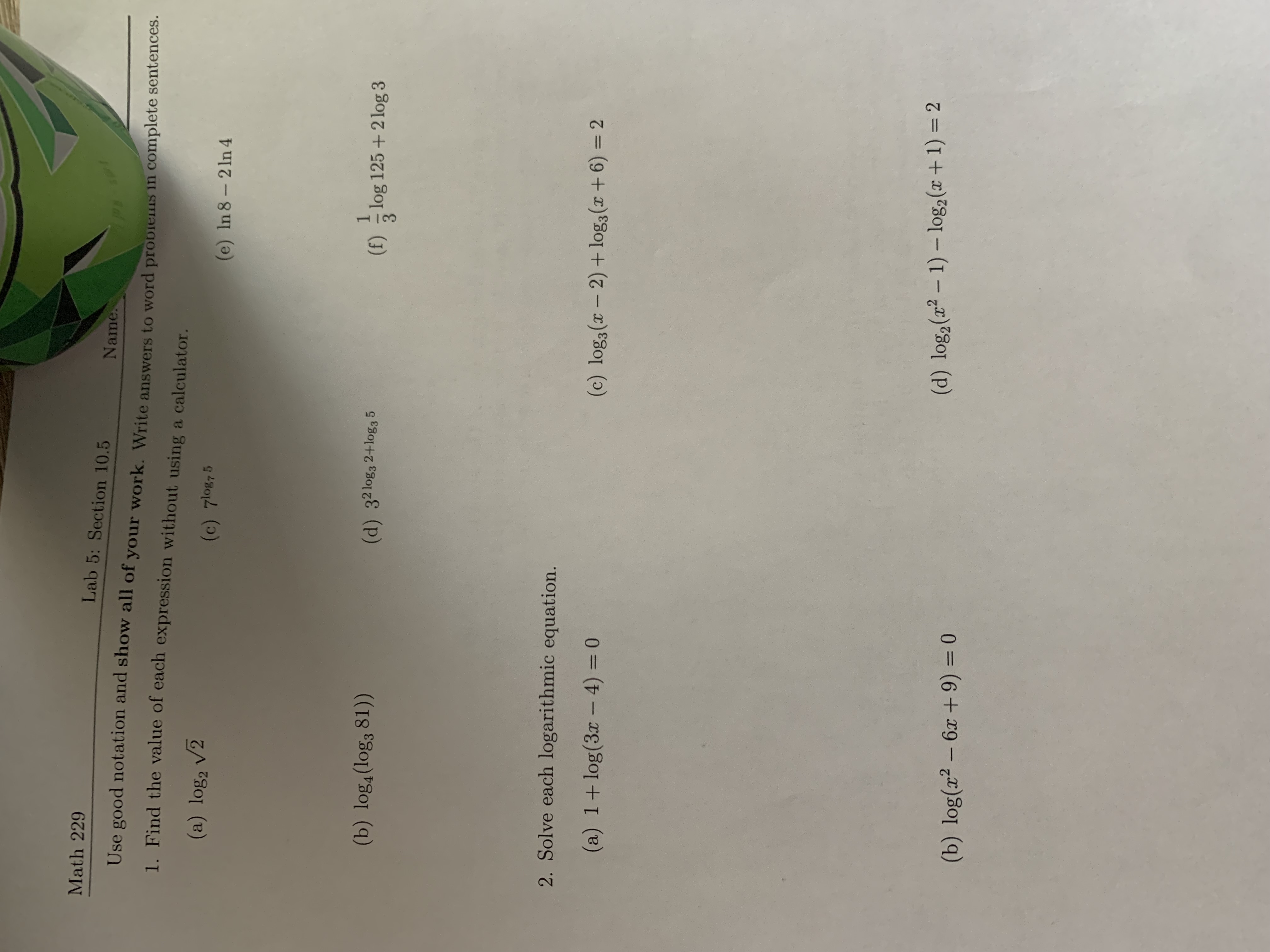  Math 229 Lab 5: Section 10.5 Name. Use good notation and