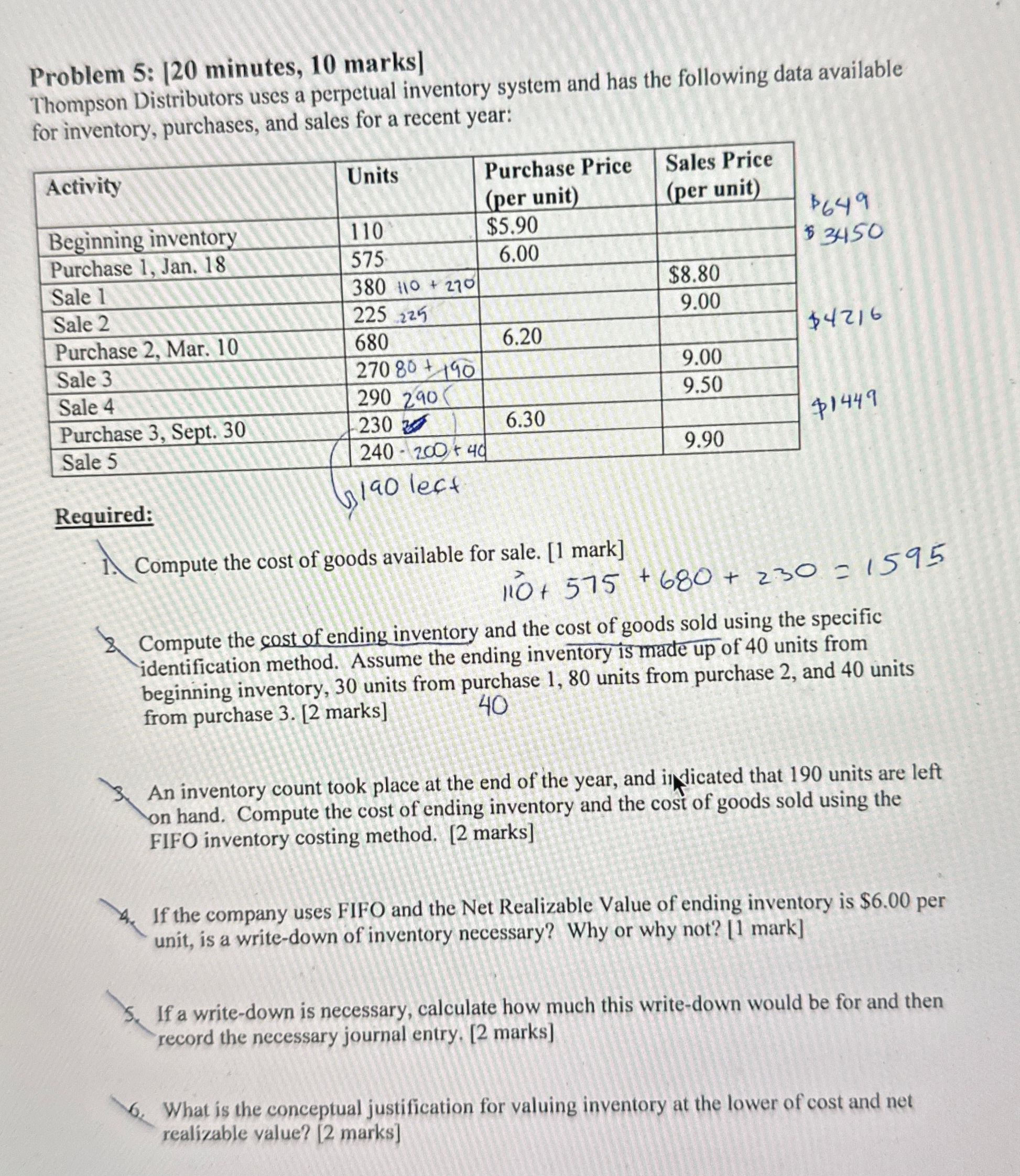  Problem 5: [20 minutes, 10 marks] Thompson Distributors uses a perpetual