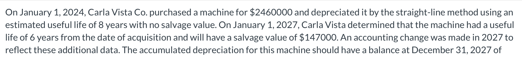 On January 1,2024, Carla Vista Co. purchased a machine for $2460000