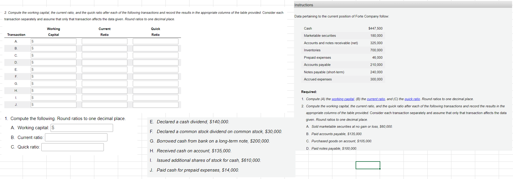 after each of the following transactions and record the results in the