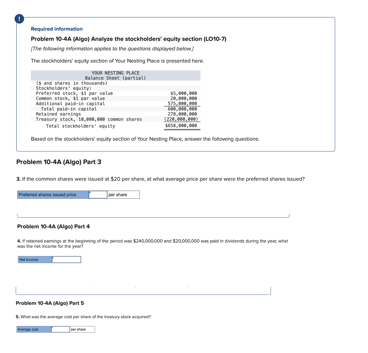 Required information Problem 10-4A (Algo) Analyze the stockholders' equity section (L010-7)