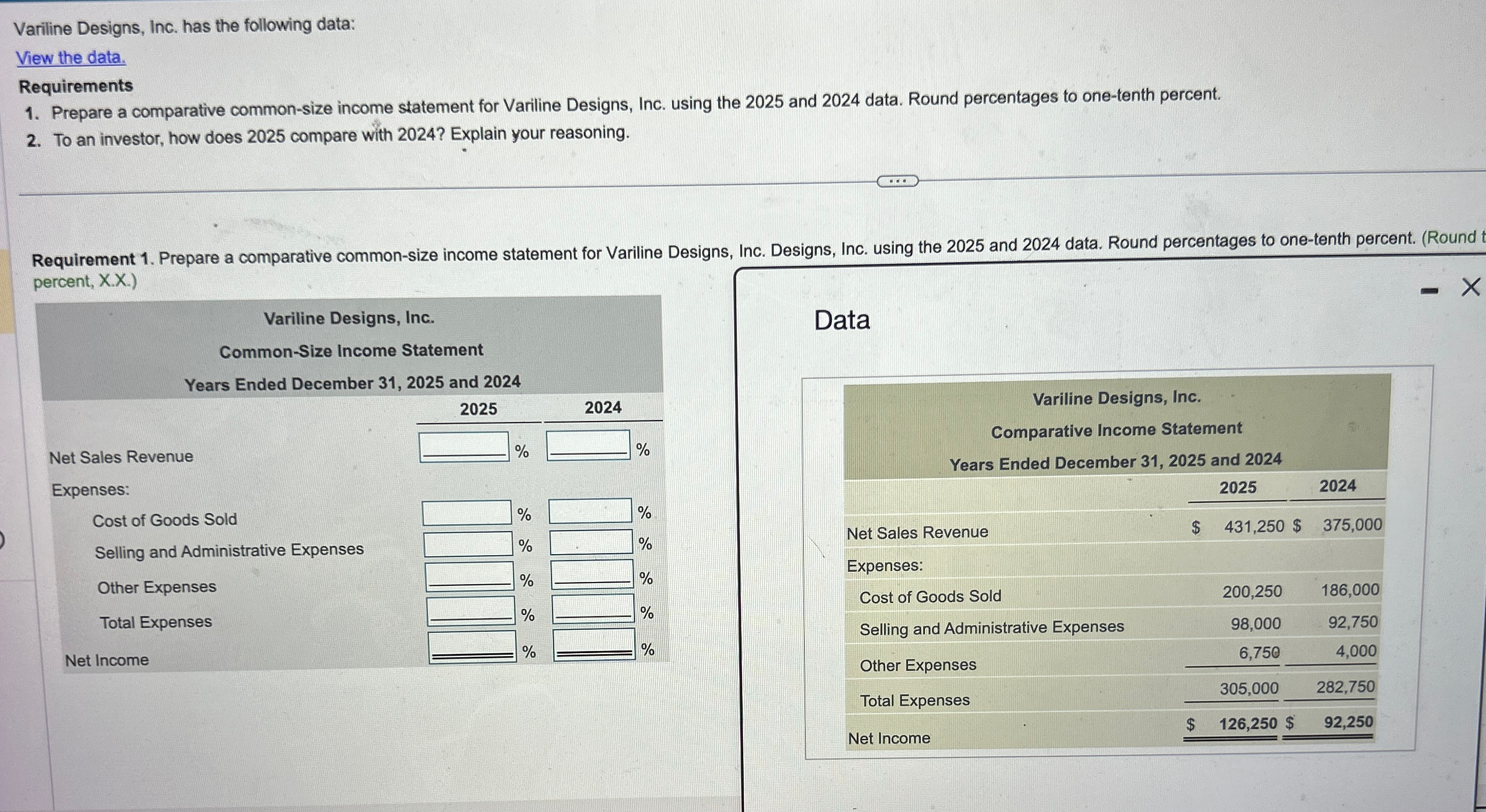 Prepare a comparative common-size income statement for Variline Designs, Inc. using the