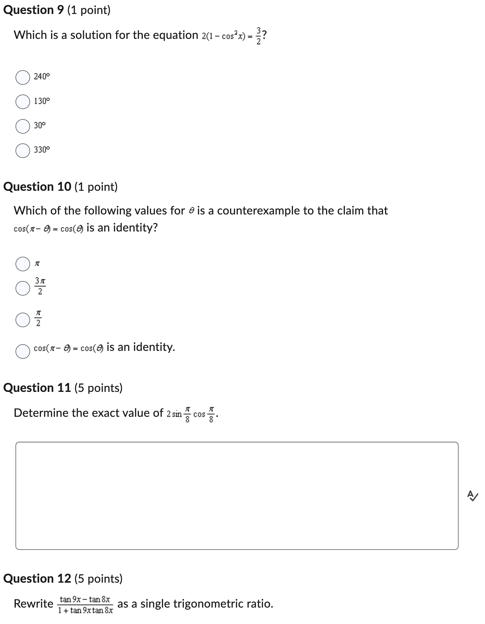 2(1 - cos x) = 240 O 130 O 300 O 3300