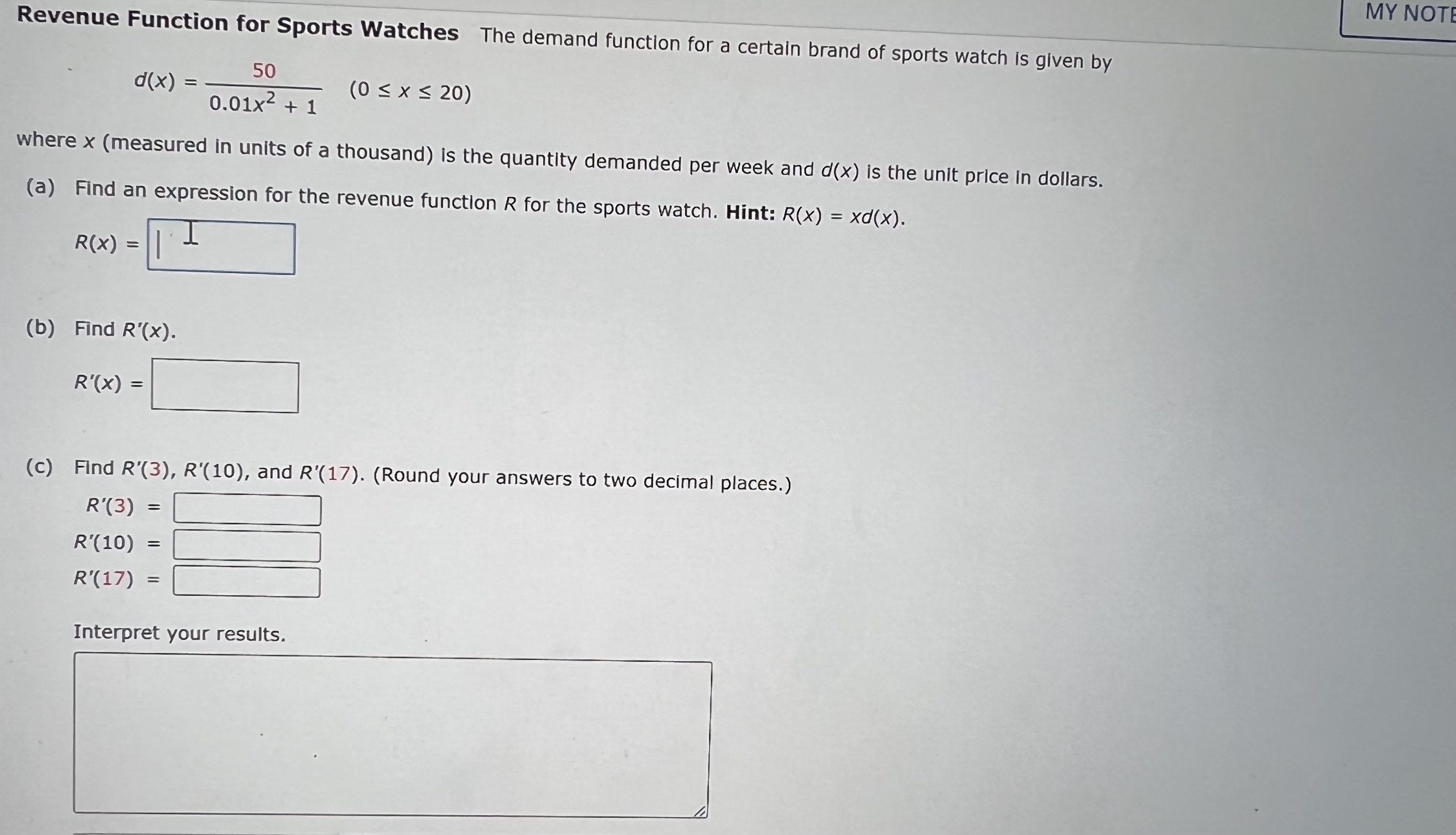  MY NOTE Revenue Function for Sports Watches The demand function for