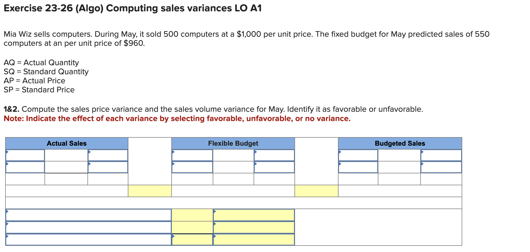  Exercise 23-26(Algo) Computing sales variances LO A1 Mia Wiz sells computers.