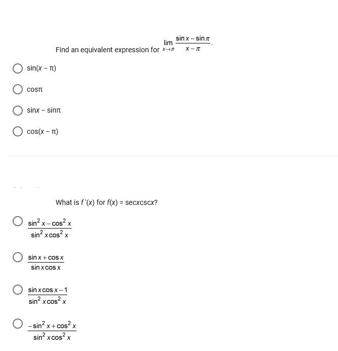 sin x sin z Find an equivalent expression for x- C) sin(x