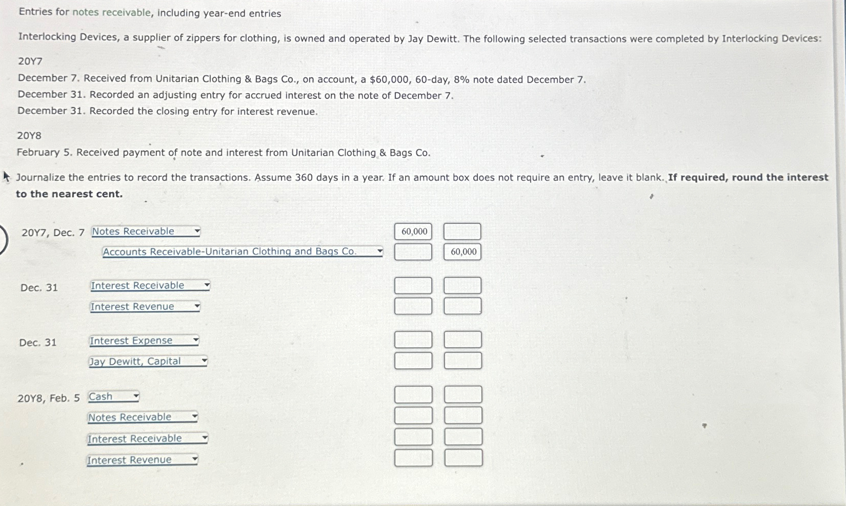 Entries for notes receivable, including year-end entries Interlocking Devices, a supplier