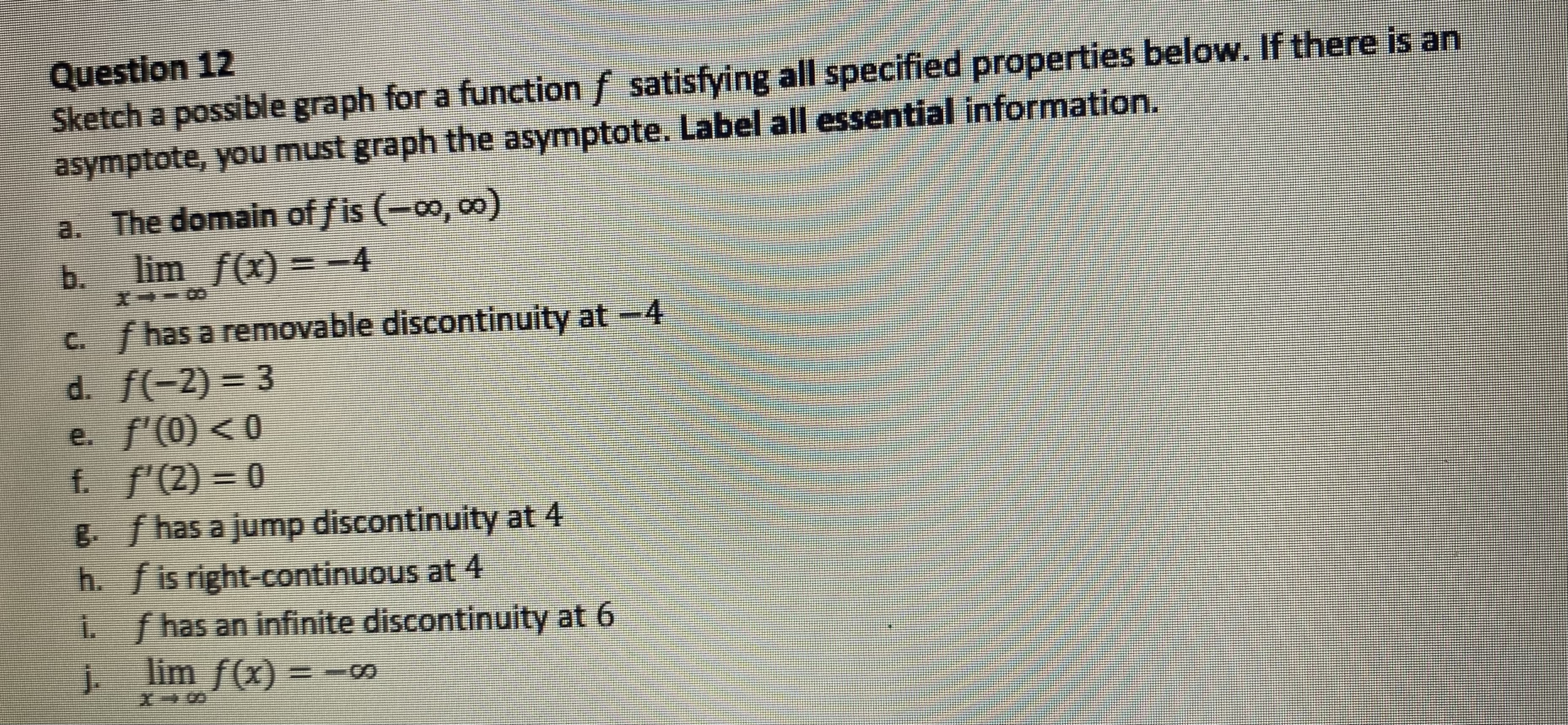  Question 12 Sketch a possible graph for a function f satisfying