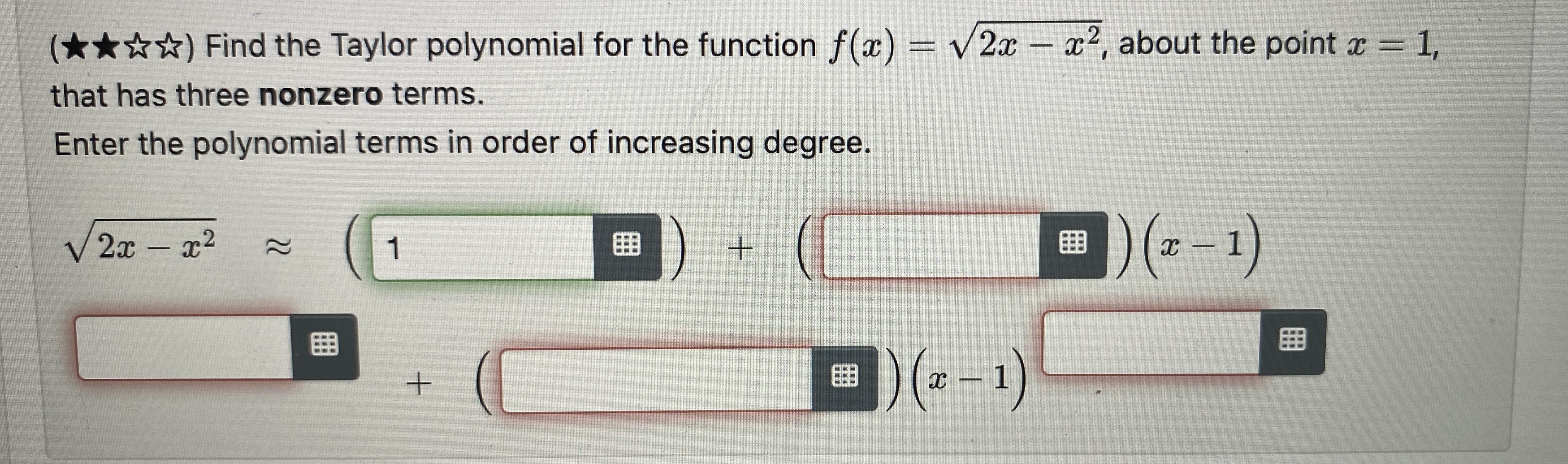 function f(x) = v2x - x2, about the point x = 1,