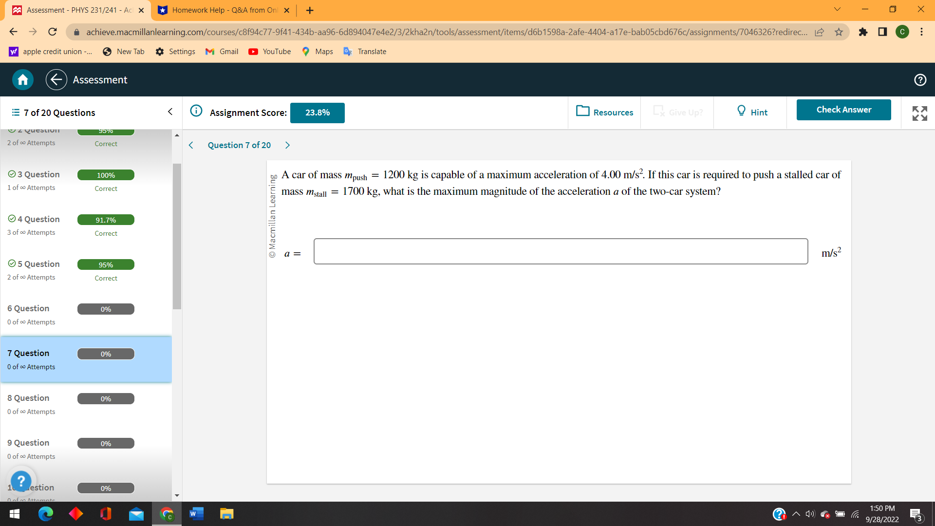 95 7% 2 of co Attempts Correct
