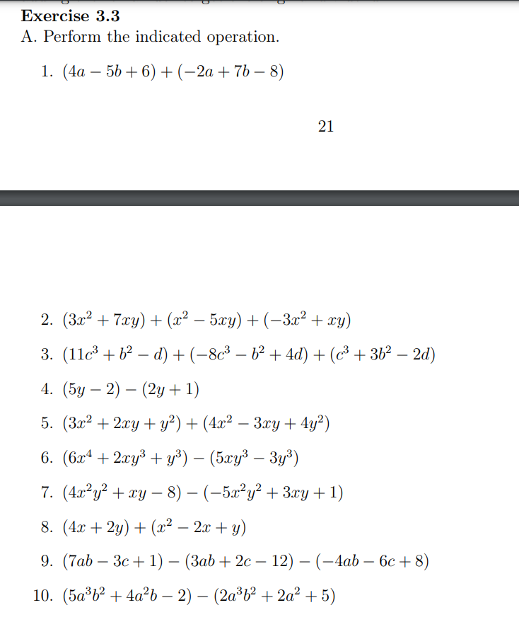 12) - (-4ab - 6c + 8) 10. (5a362 + 4a2b -