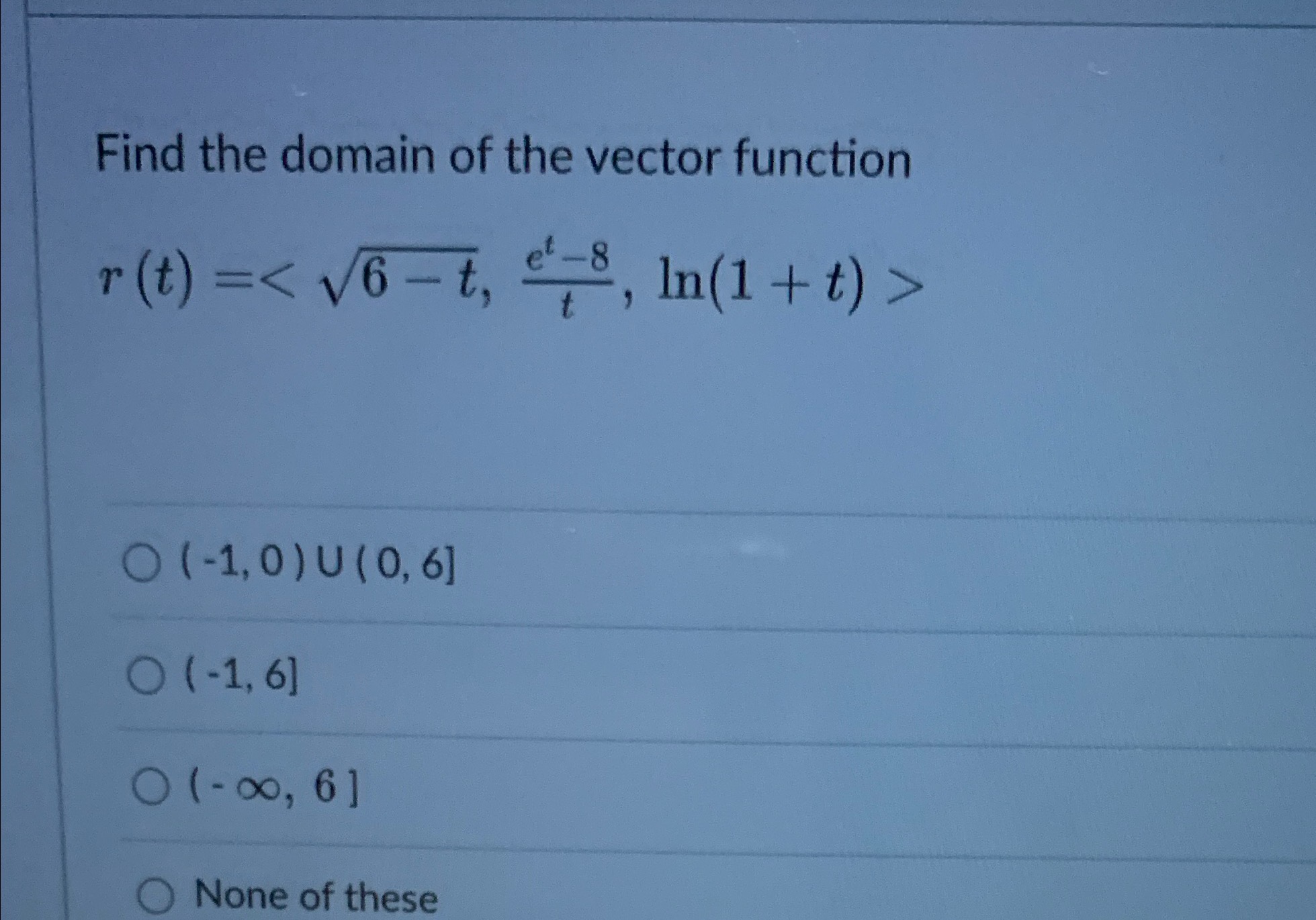 Find the domain of the vector function r (t) = < N/'6Ti,