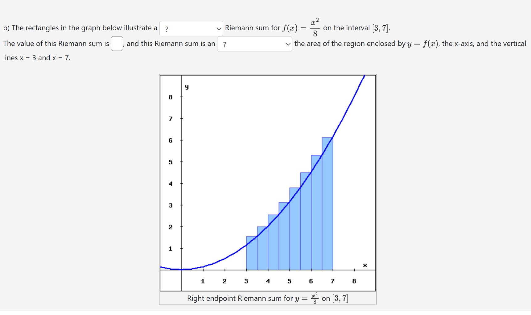 5 6 7 8 Right endpoint Riemann sum for y = on