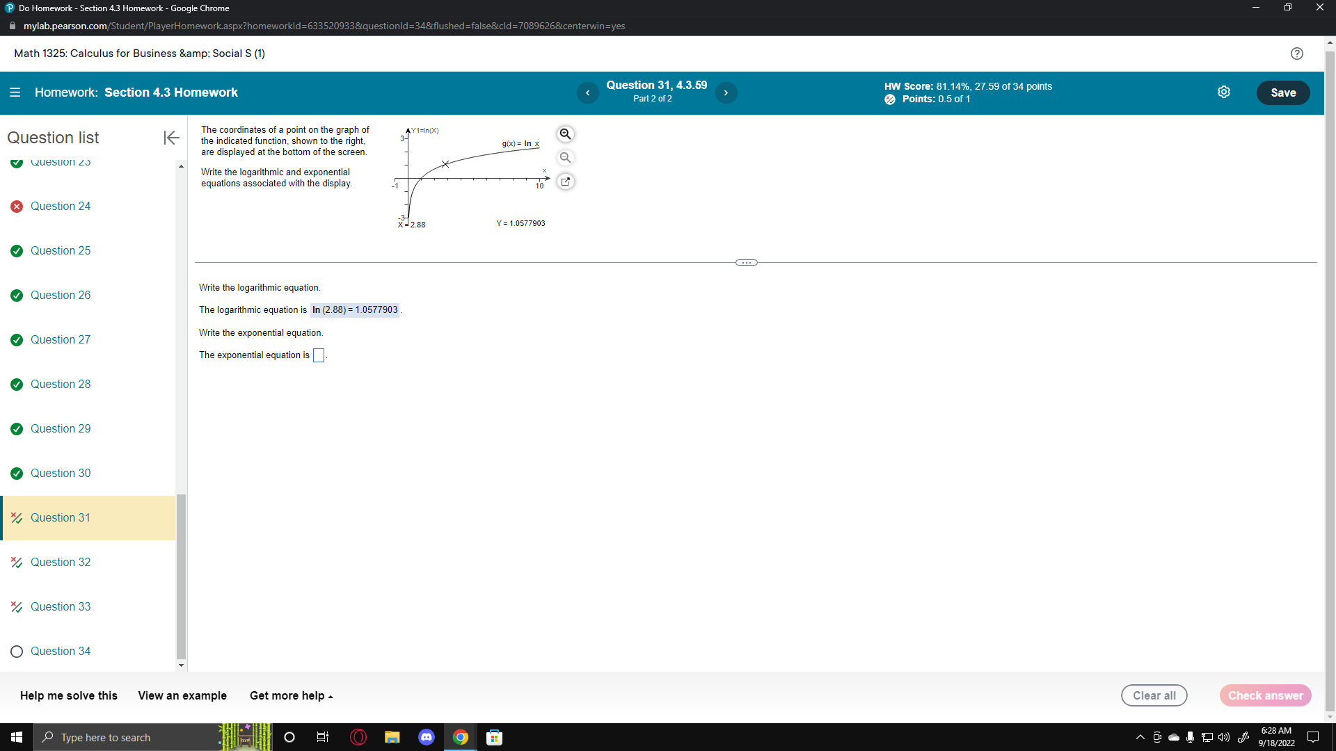 equivalent logarithmic form. What is the equivalent logarithmic form? 5 =1253 Question