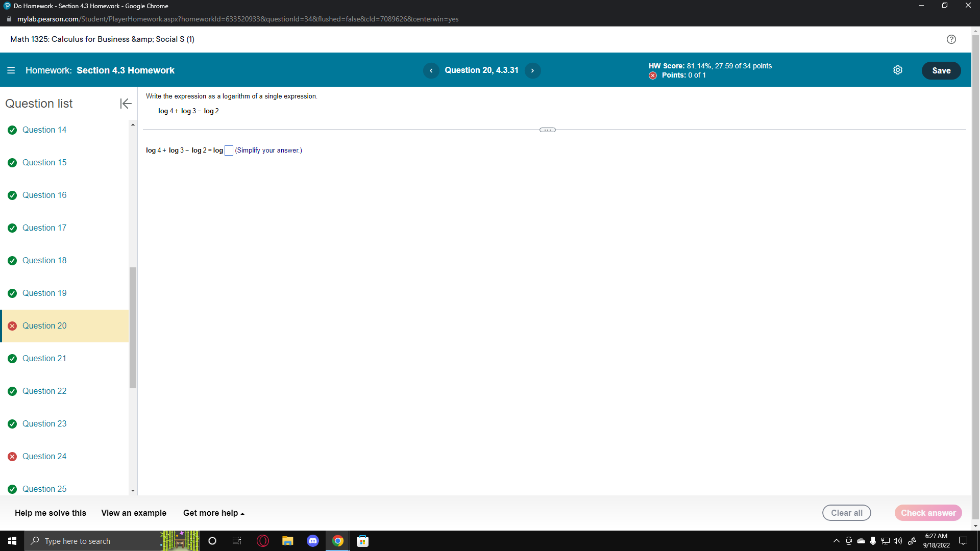 1325: Calculus for Business & Social S (1) ? = Homework: Section