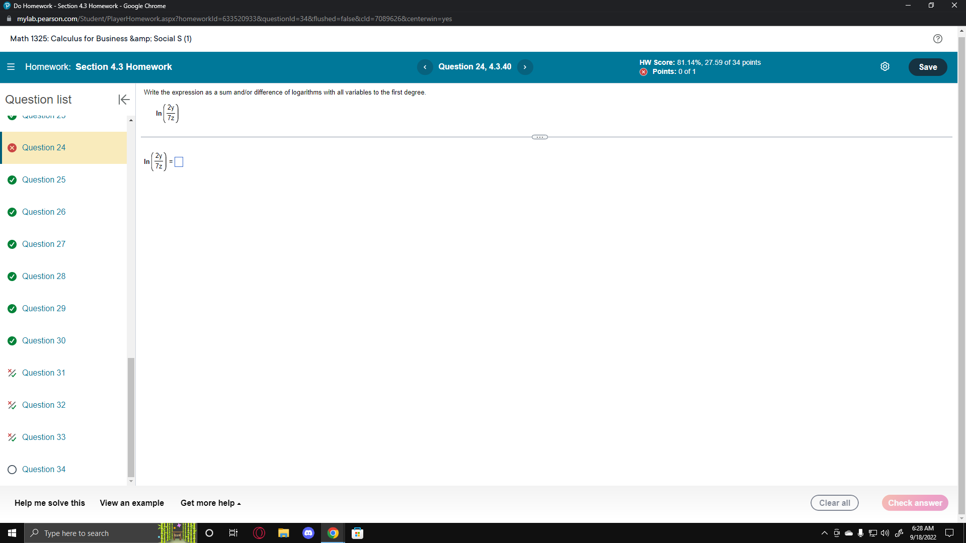 4.3 Homework HW Score: 81.14%, 27.59 of 34 points x Points: 0
