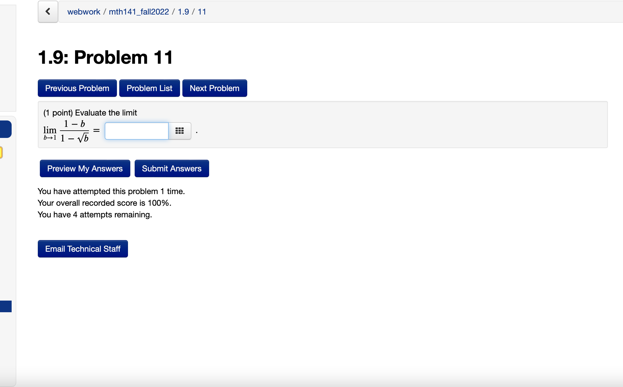 (1 point) Evaluate the limit lb lim = 12)1 1_'/[3 Preview My