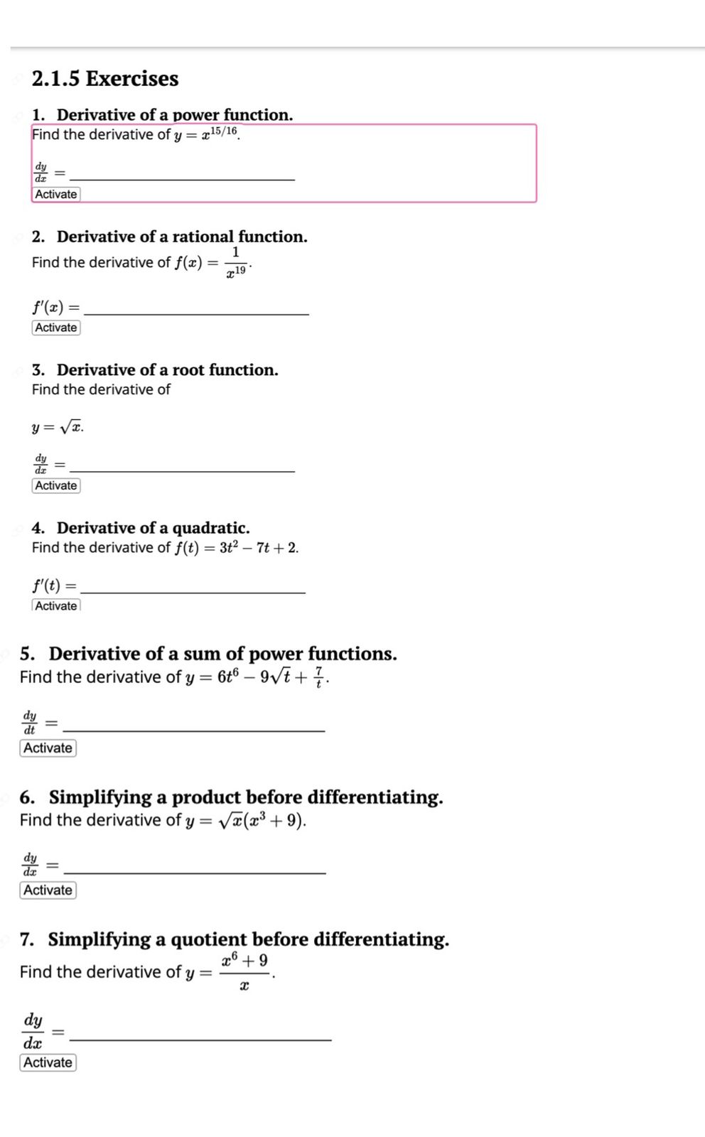 215/15. ._ d: _ [Activate 2. Derivative of a rational function. 1