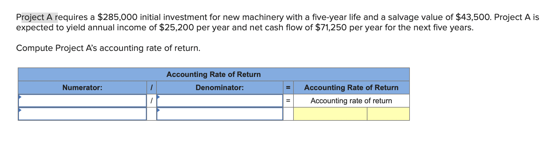 Project A requires a $285,000 initial investment for new machinery with