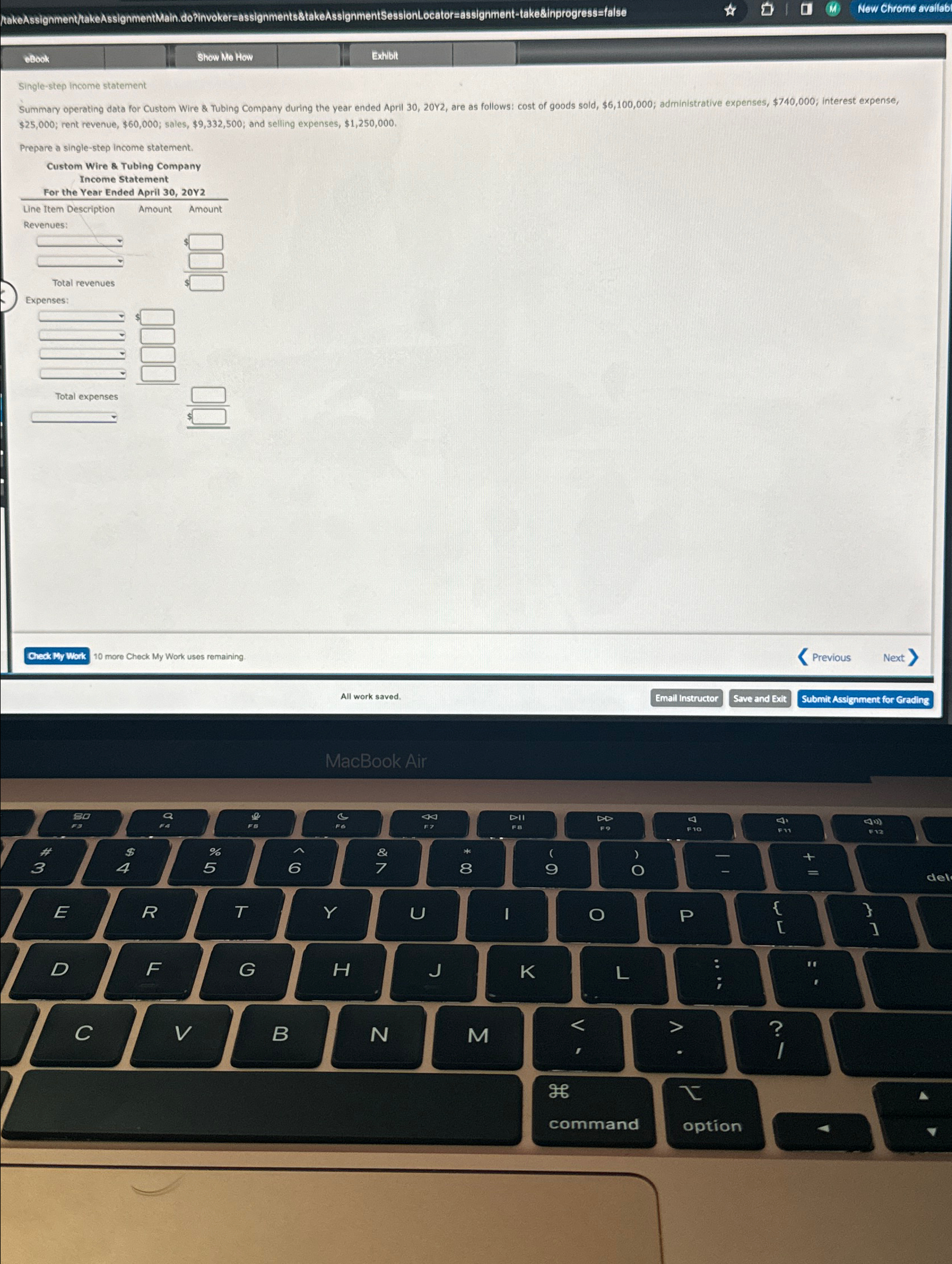 My Work uses remaining Previous Next All work saved, Email Instructor Save
