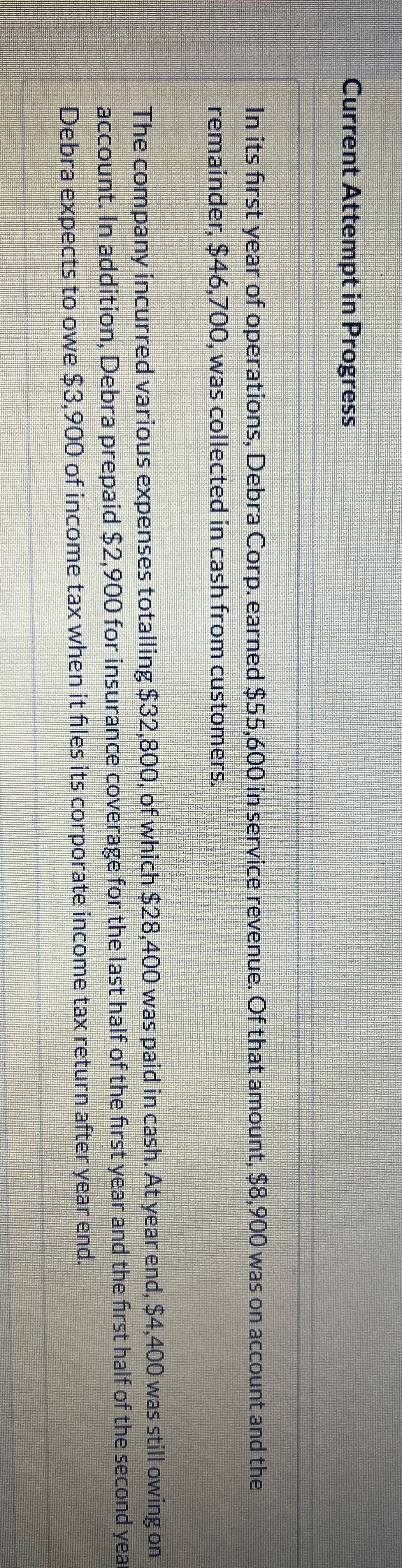 Corp. earned $55,600 in service revenue. Of that amount, $8,900 was on