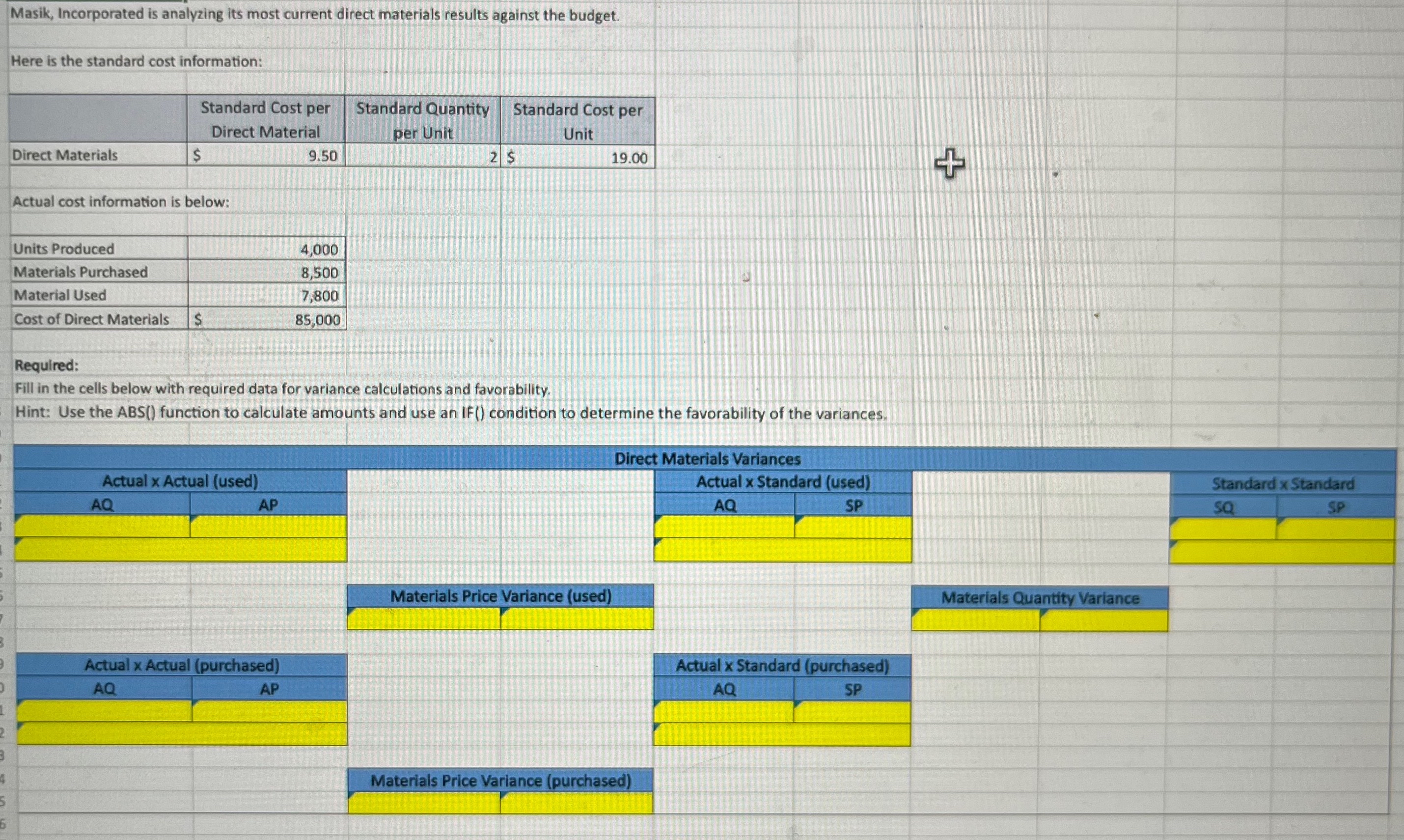the budget. Here is the standard cost information: Actual cost information is