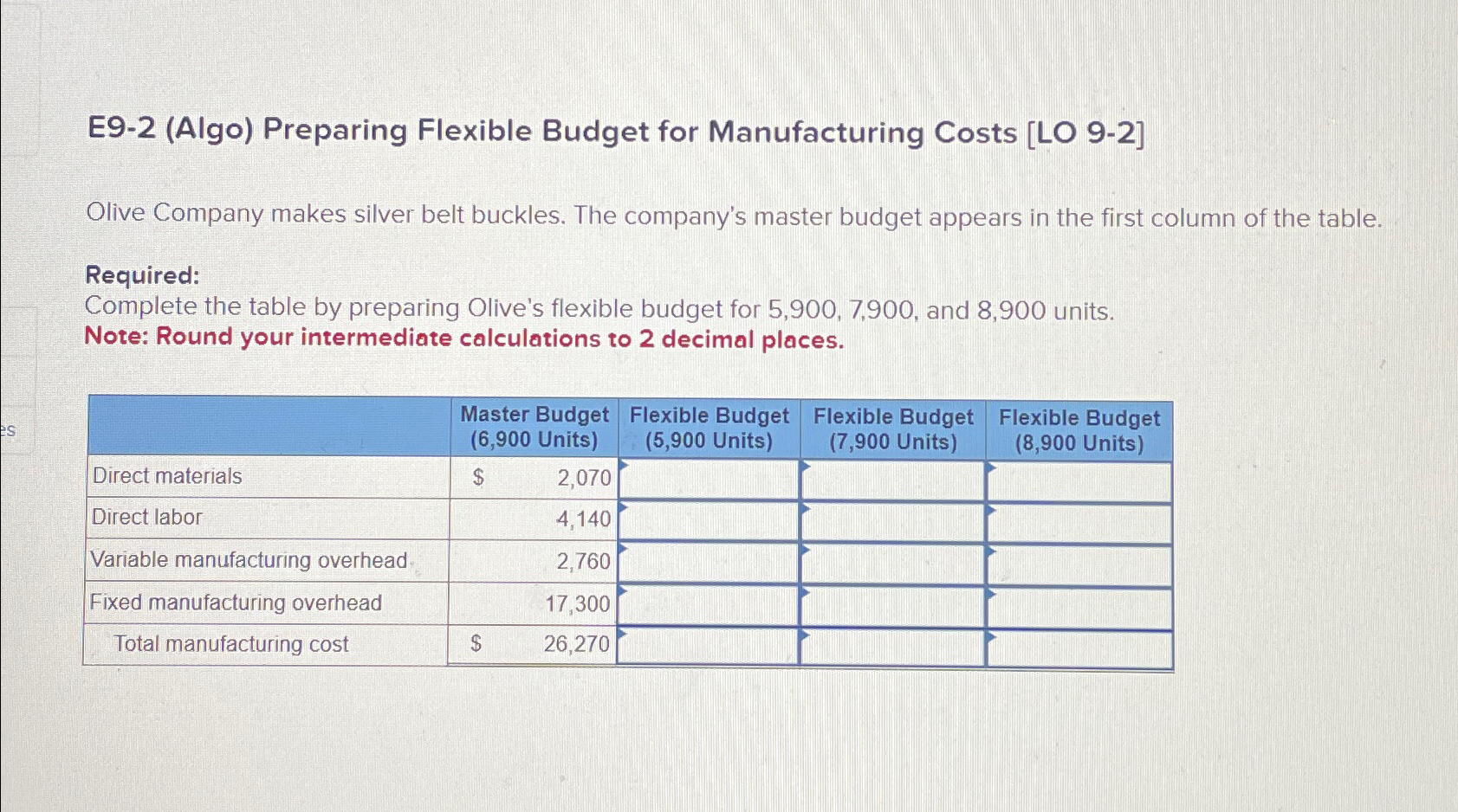  E9-2(Algo) Preparing Flexible Budget for Manufacturing Costs [LO 9-2] Olive Company