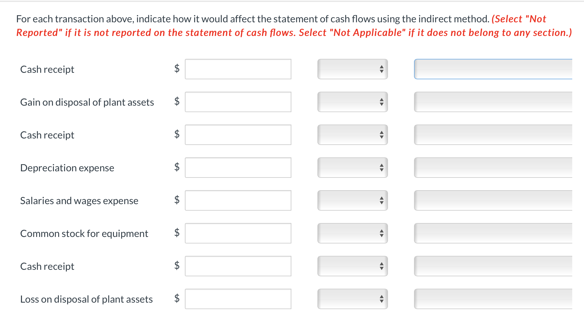 of cash flows using the indirect method. (Select "Not Reported" if it