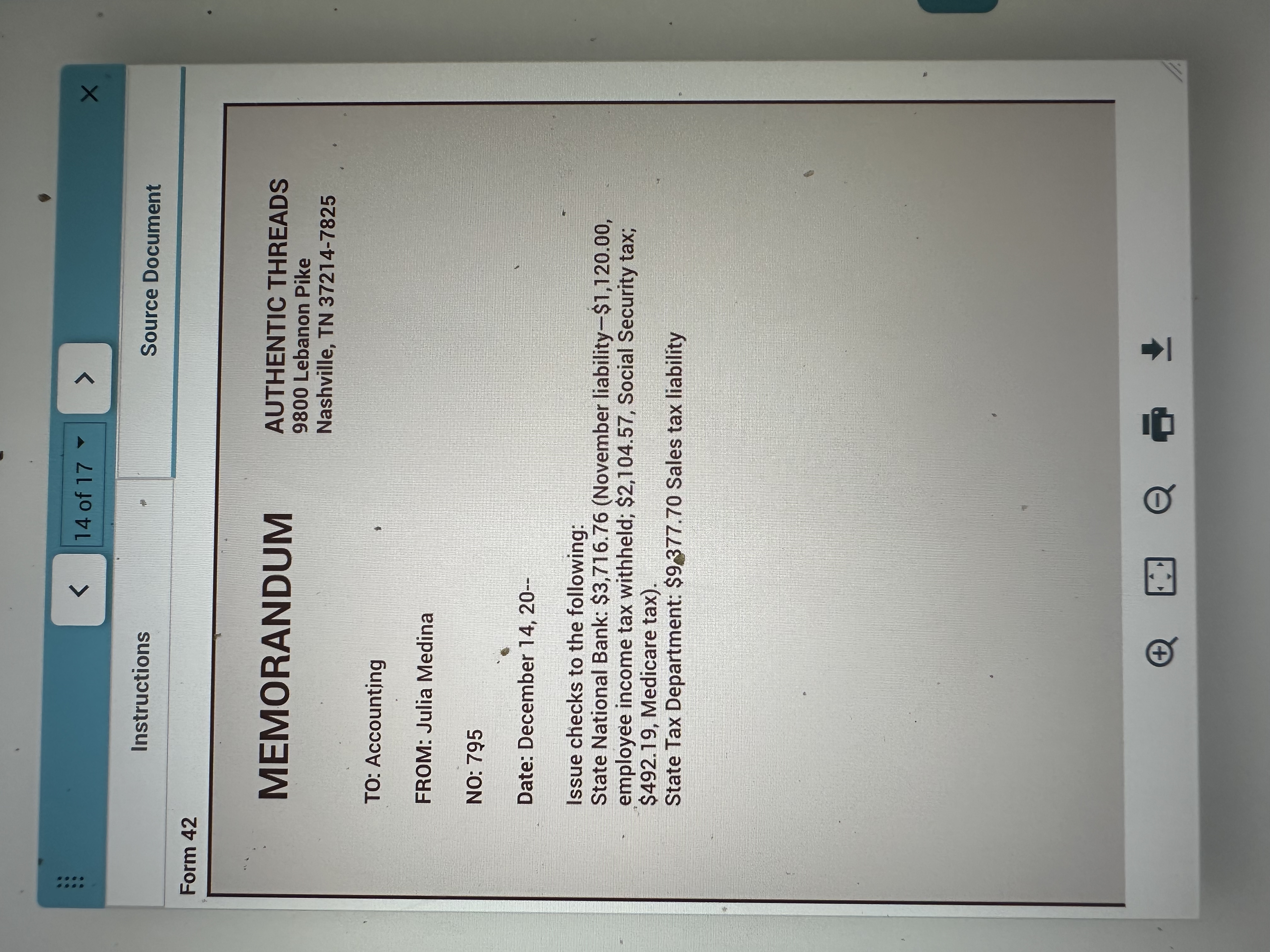  14 of 17 Instructions Source Document Form 42 MEMORANDUM AUTHENTIC THREADS