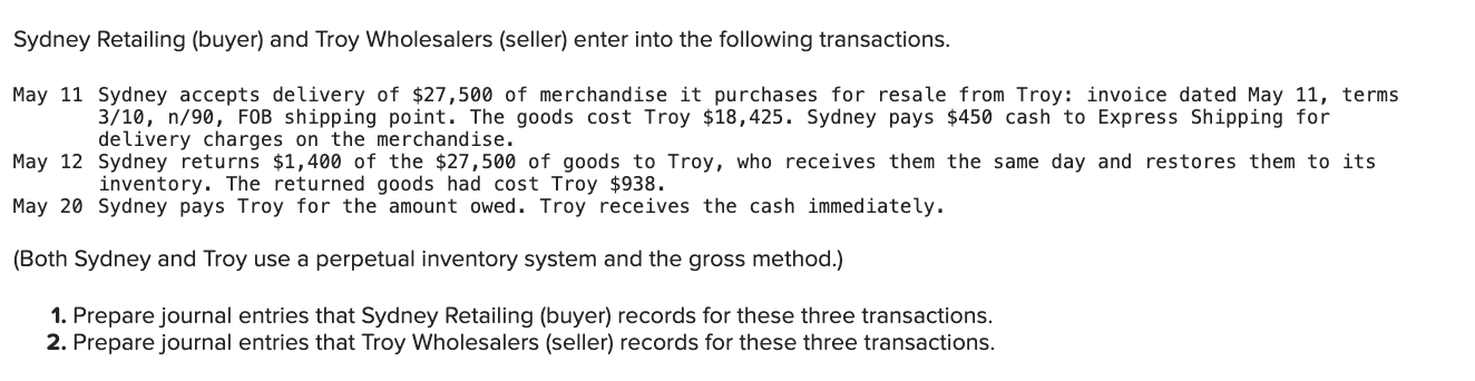Answer questions 1-2 Sydney Retailing (buyer) and Troy Wholesalers (seller) enter