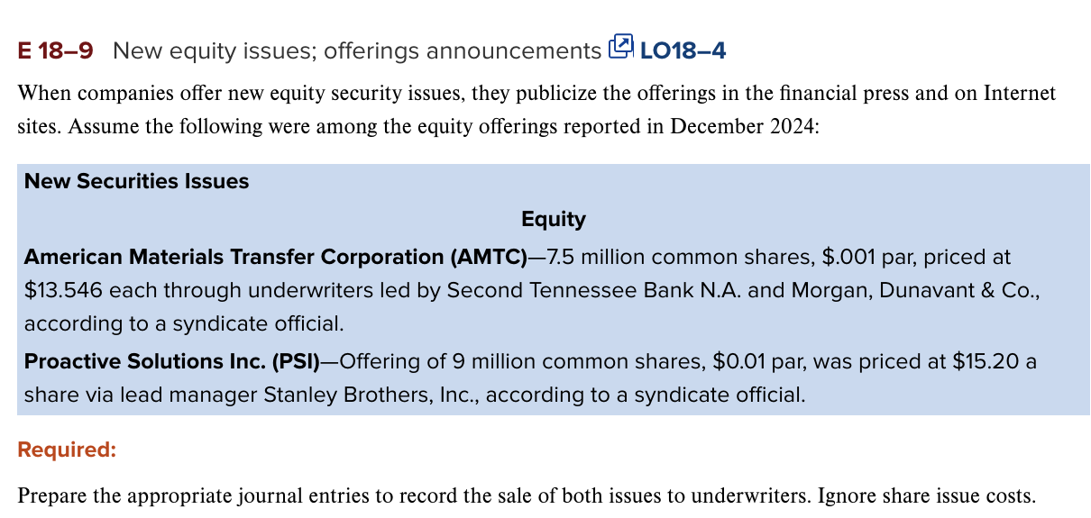 E 18-9 New equity issues; offerings announcements LO18-4 When companies offer