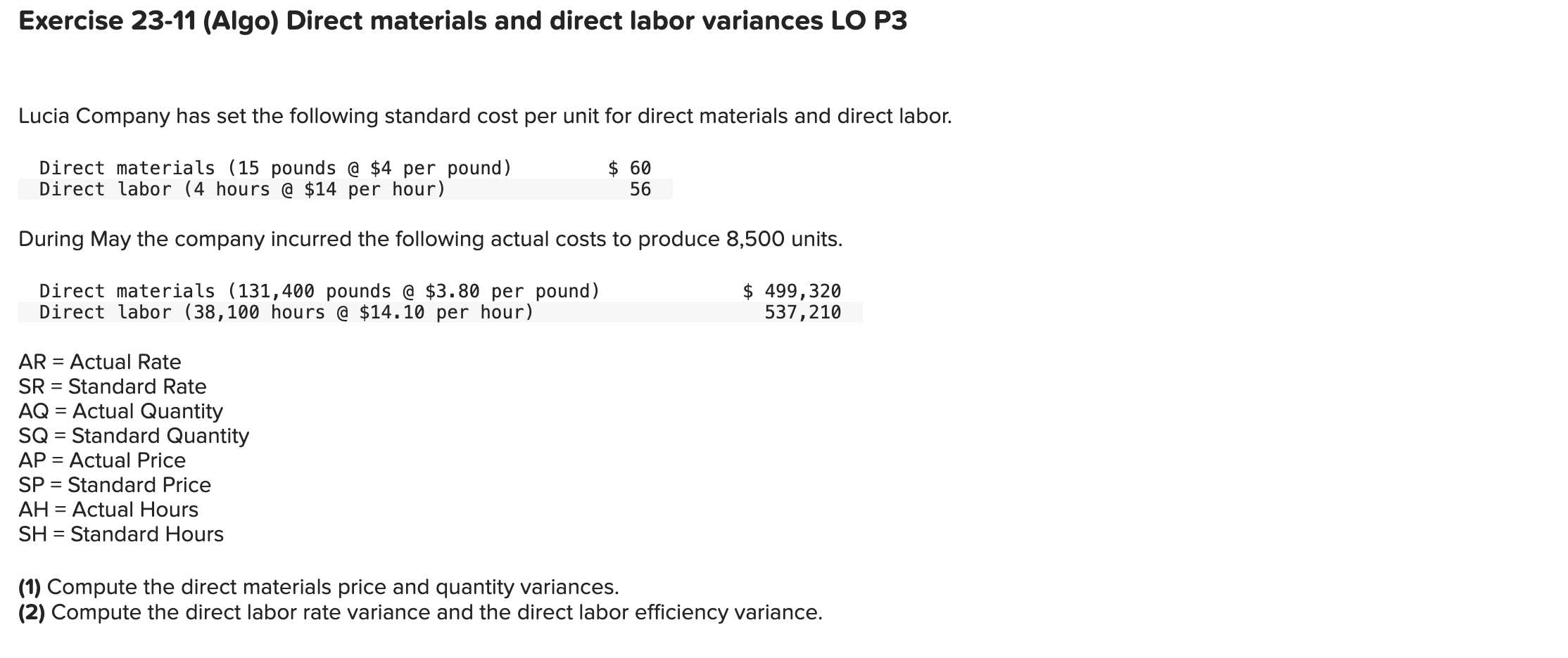 Company has set the following standard cost per unit for direct materials