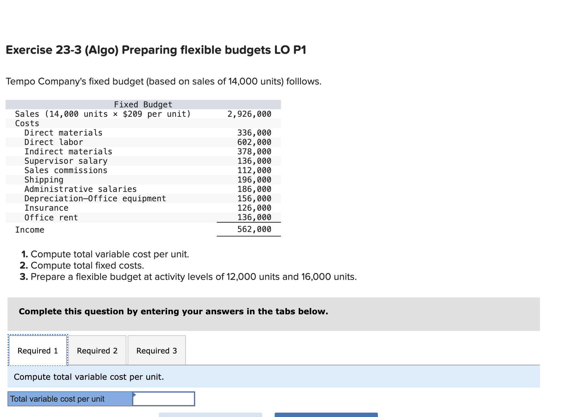 (based on sales of 14,000 units) folllows. Compute total variable cost per