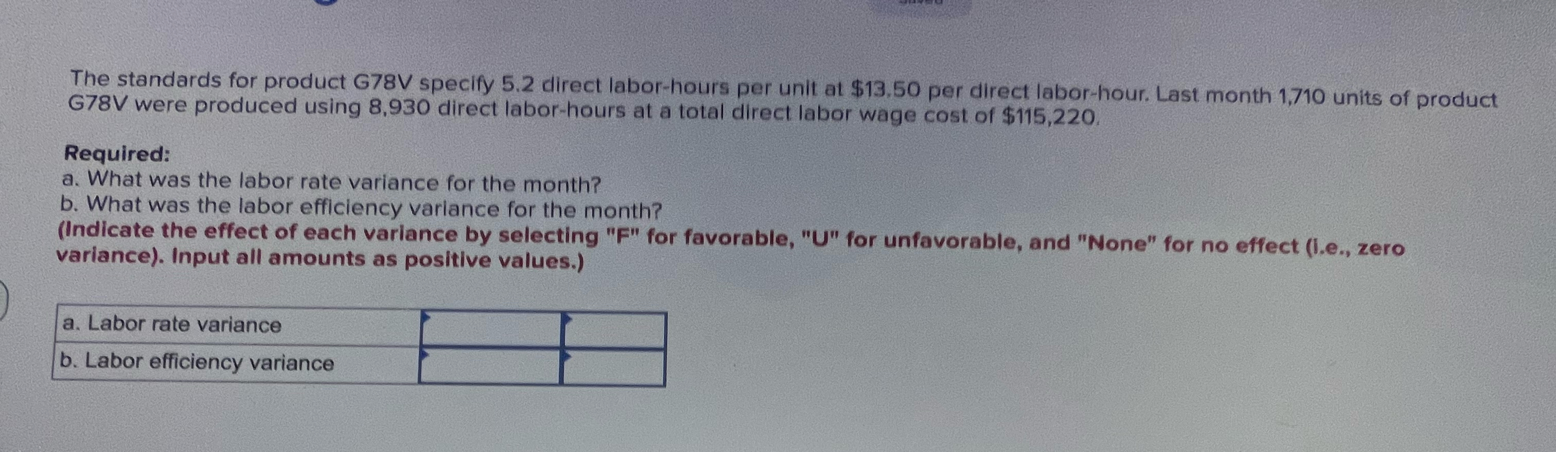 at $13.50 per direct labor-hour. Last month 1,710 units of product G78V