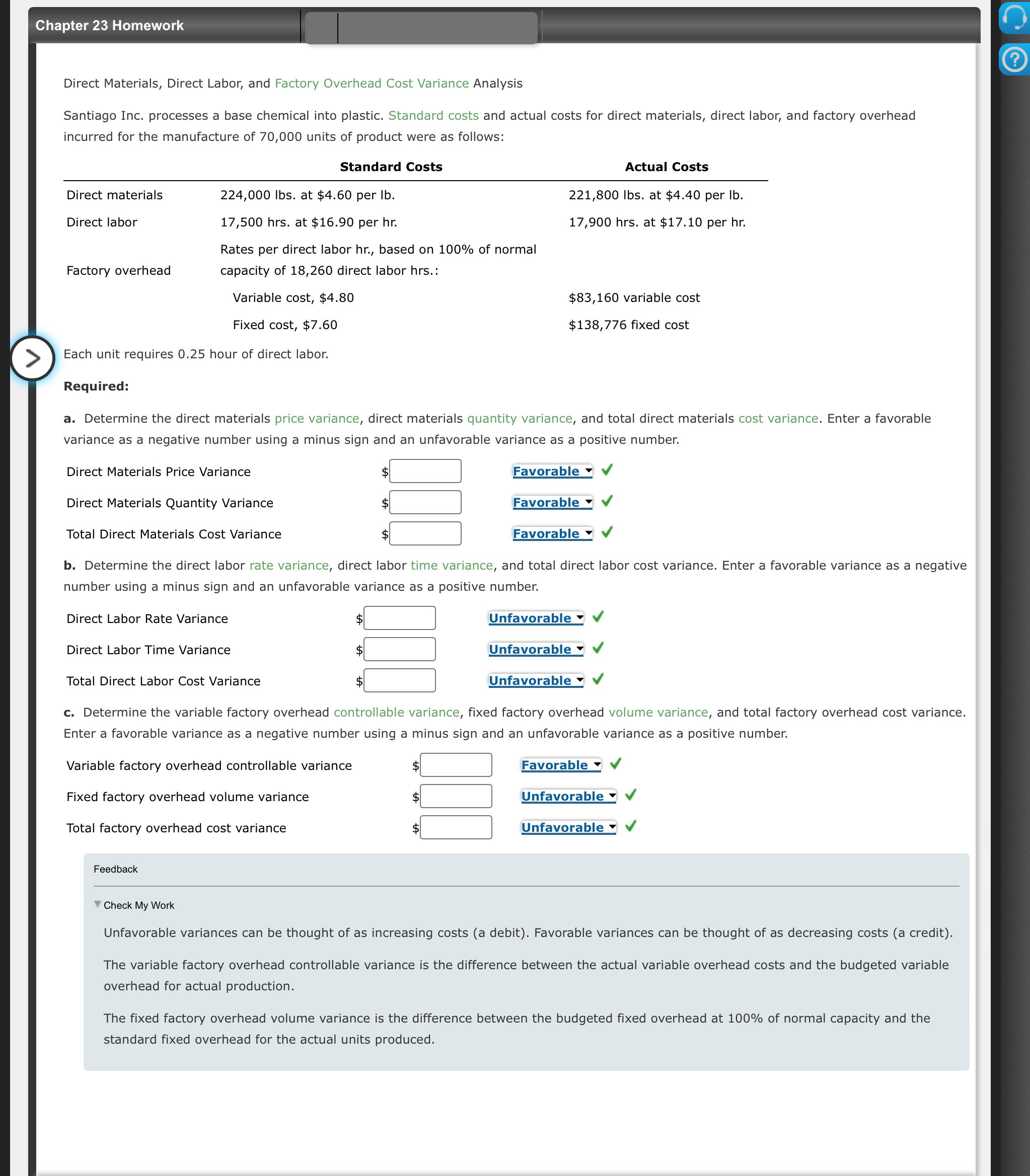 Chapter 23 Homework Direct Materials, Direct Labor, and Factory Overhead Cost Variance