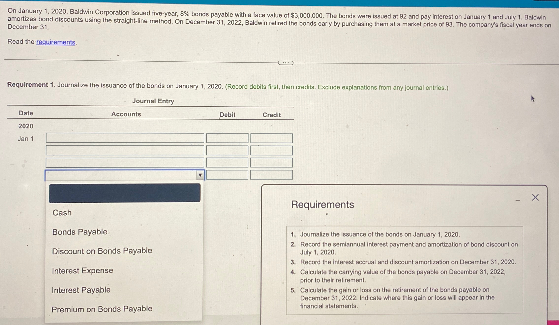  On January 1,2020, Baldwin Corporation issued five-year, 8% bonds payable with