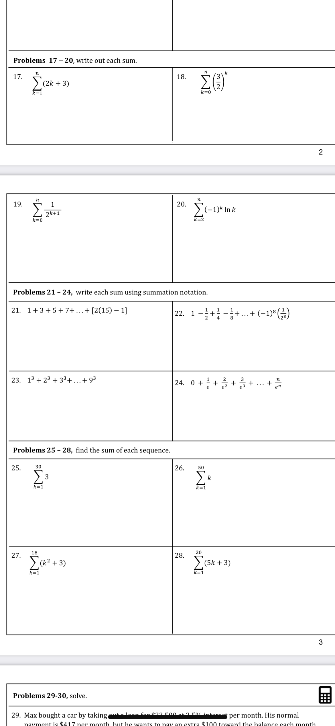  Problems 17 -20, write out each sum. 17. ( 2k +