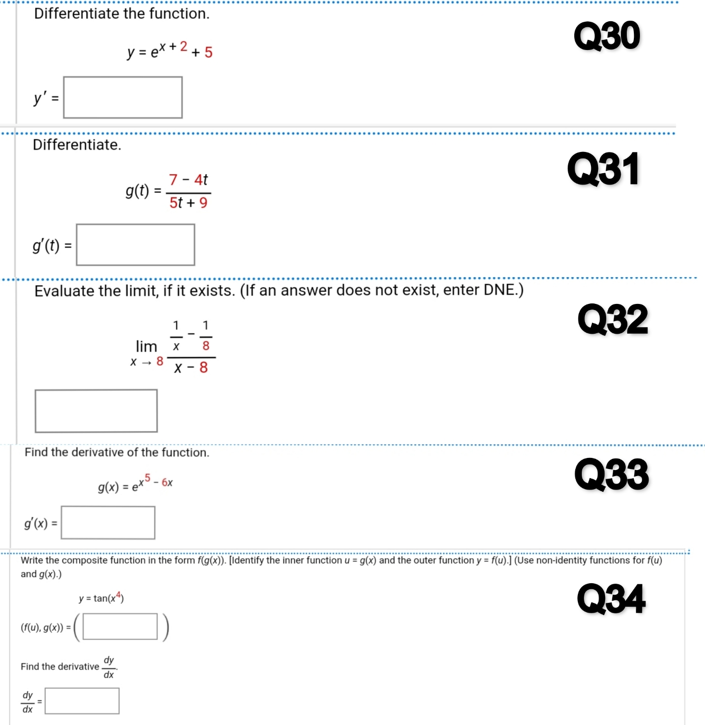 + 5 Q30 Differentiate g(t) = / - 4t Q31 5t +