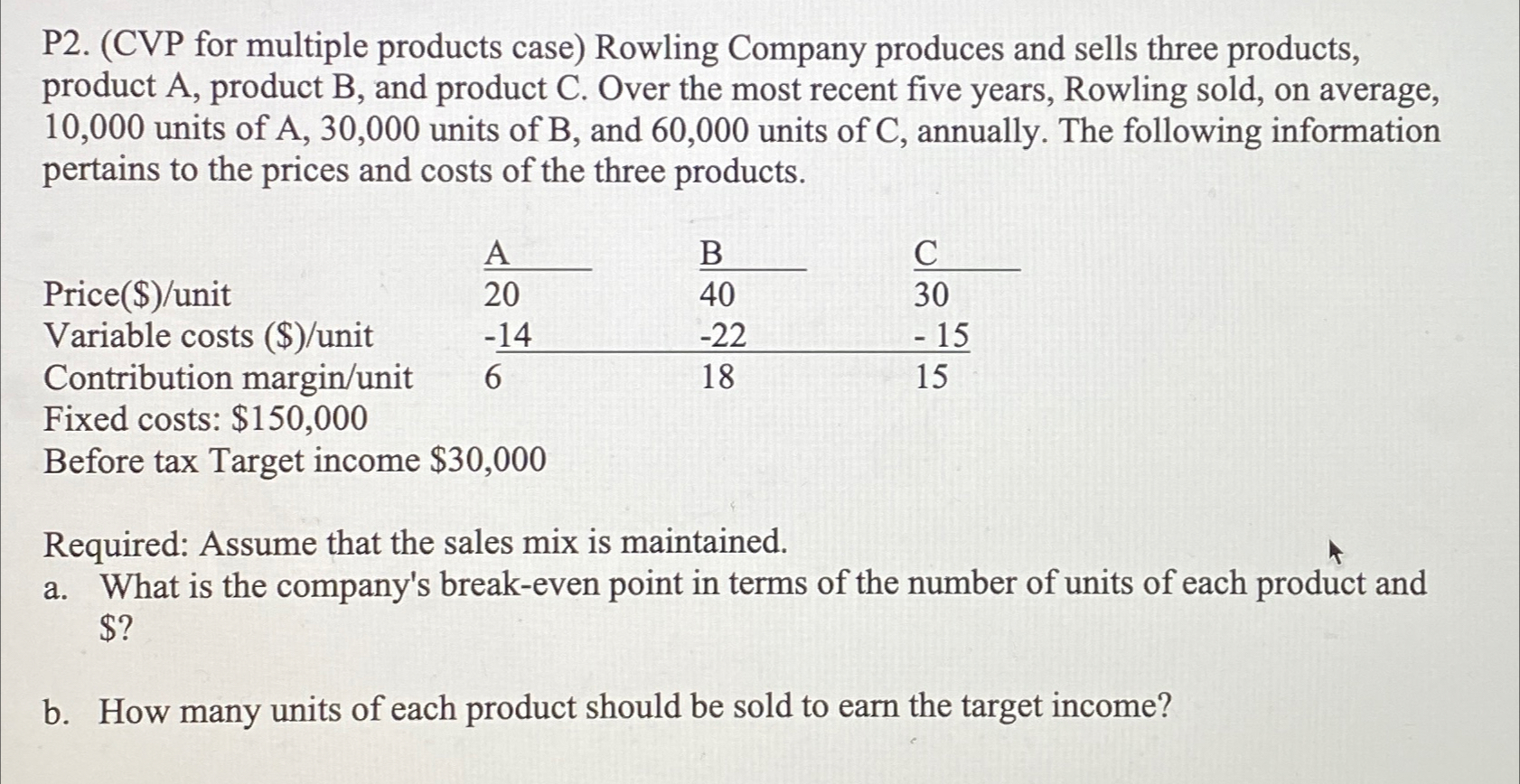 P2.(CVP for multiple products case) Rowling Company produces and sells three