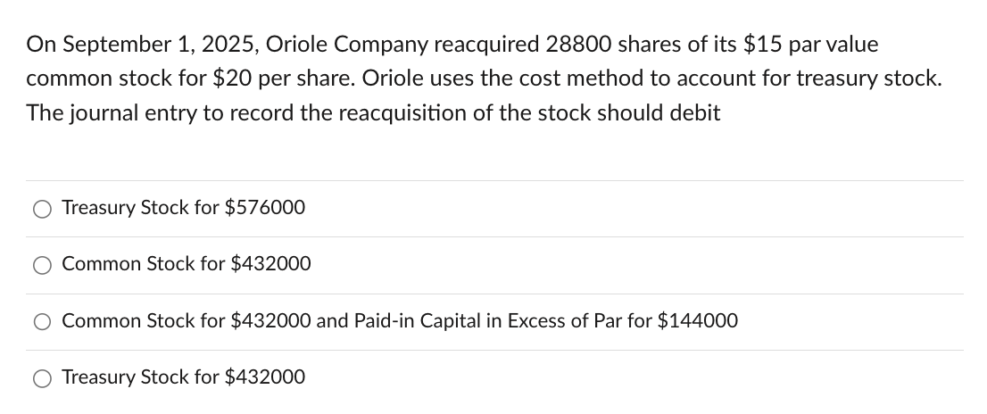 par value common stock for $20 per share. Oriole uses the cost