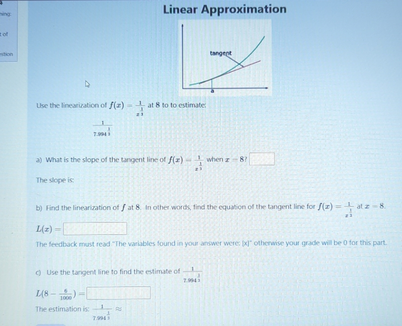 Linear Approximation of stion Use the linearization of f(x) = at 8
