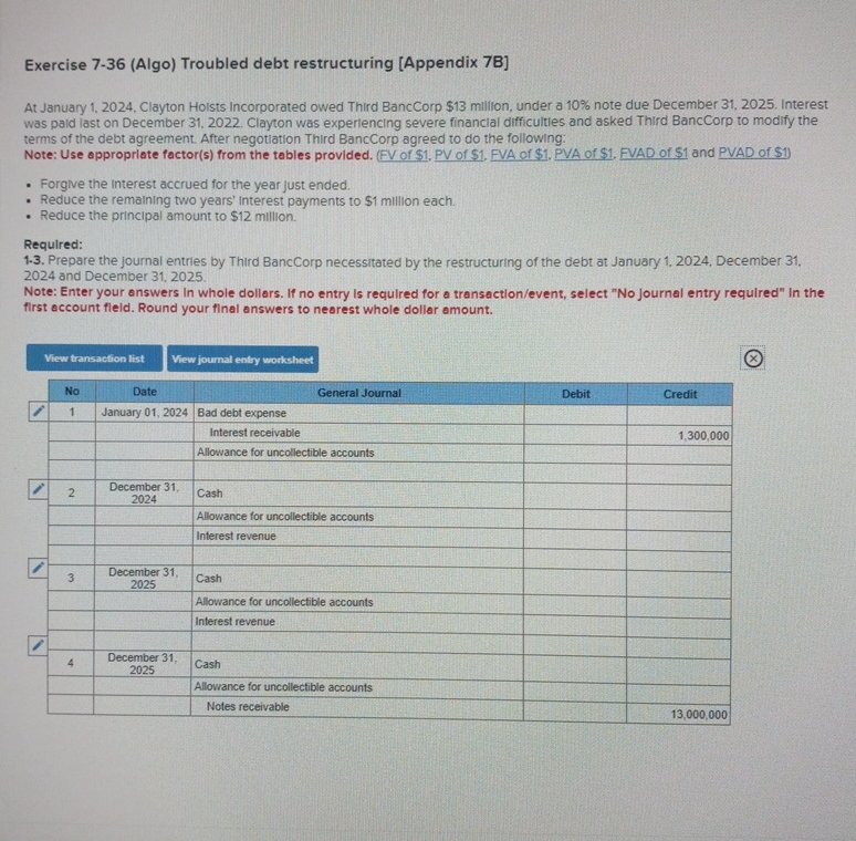  Exercise 7-36(Algo) Troubled debt restructuring [Appendix 7B] At January 1,2024, Clayton